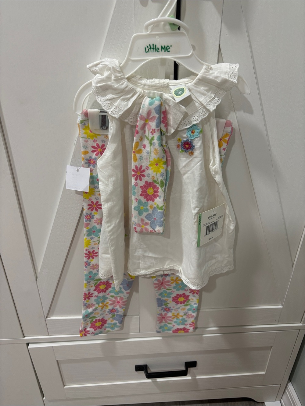 Little Me White Top with Multicolor Floral Tie & Floral Leggings